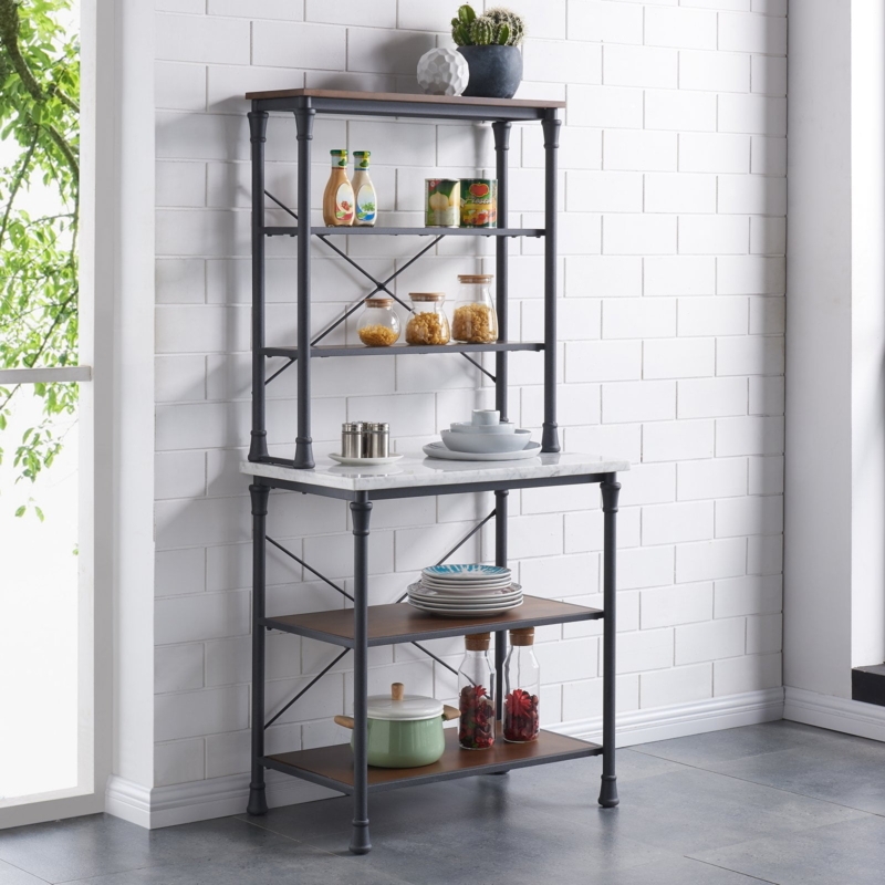 Pipe Style Bakers Rack with Faux Marble Top & Mixed Shelving