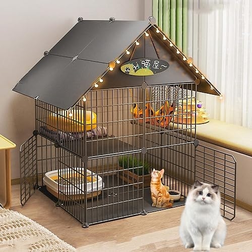 Pitched Roof Pet Playpen Four Tier Grey with Fairy Lights