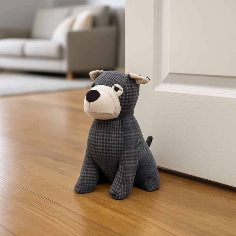 Plaid Dog Doorstop Charcoal Woven Fabric Weighted Cottage Style