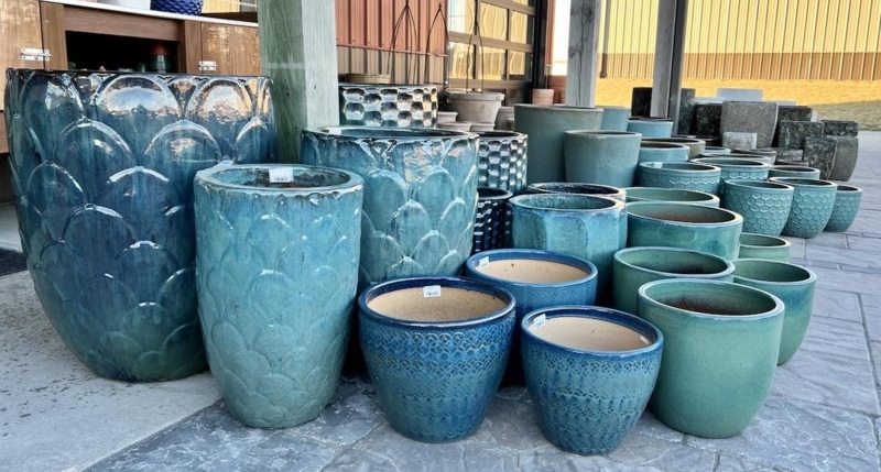 Plant Pots, Scalloped Texture, Teal Gradient Glaze, Coastal Style