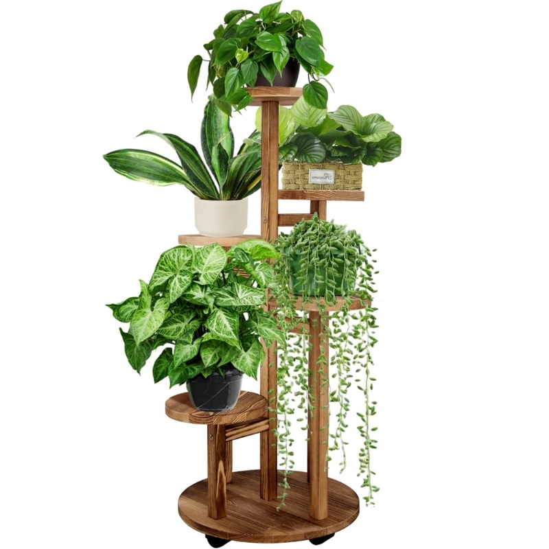 Plant Stand 5-Tiered Structure Mobile Caster Base Walnut Planter