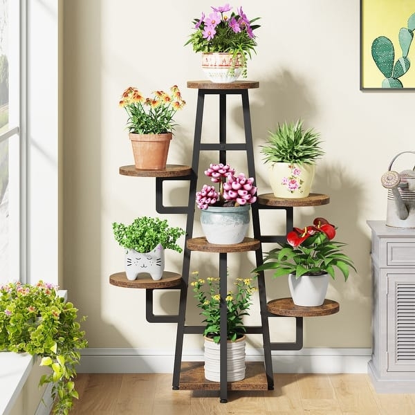 Plant Stand: Asymmetrical 7 Tier Tall Tower, Matte Black & Wood