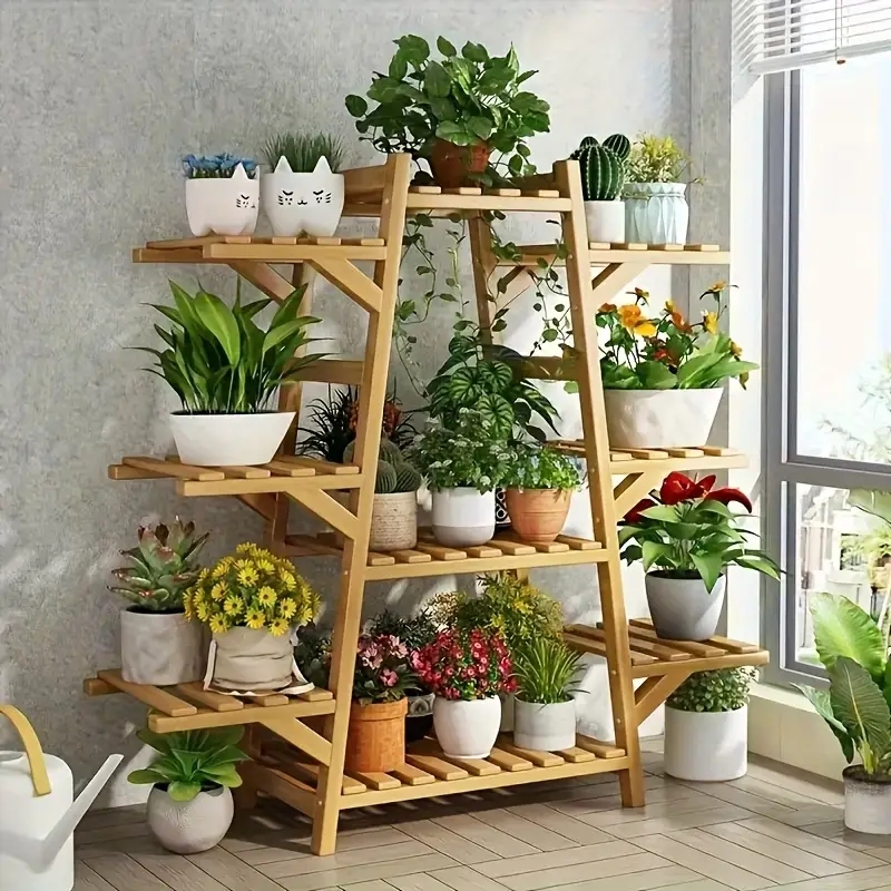 Plant Stand Asymmetrical Design A-Frame Structure Natural Wood Tower