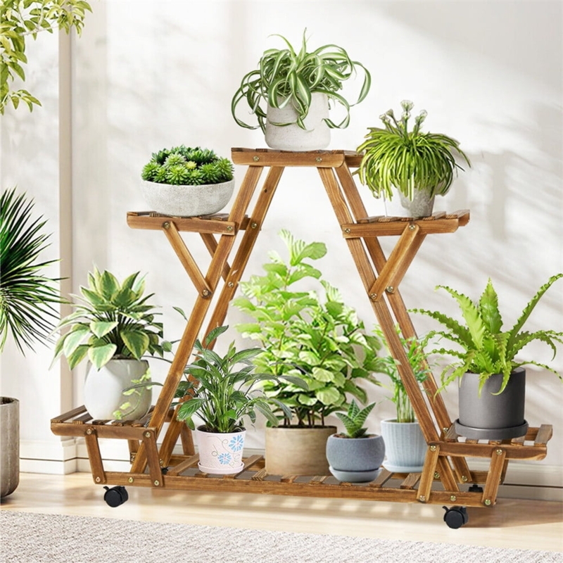 Plant Stand Carbonized Pine with Movable Casters and 6 Tier Shelving