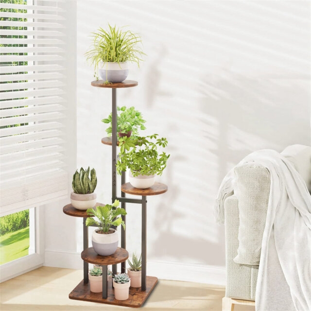 Plant Stand Circular Platforms Staggered Shelves Walnut Wood Rack