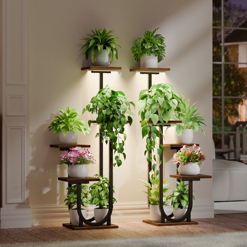 Plant Stand Curved Base Pair with 5 Tier Shelving and Grow Lights