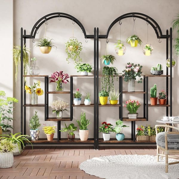Plant Stand Double Arched Design with Rustic Brown Staggered Shelves