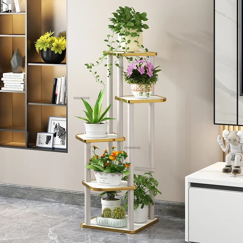 Plant Stand Gold Rimmed Shelves Slim Profile Luxury Tower