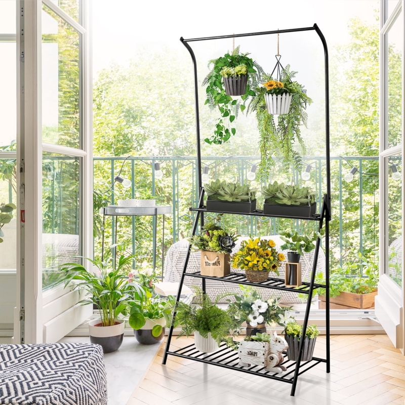 Plant Stand Hanging Top Bar with 3-Tier Slatted Shelves Matte Black