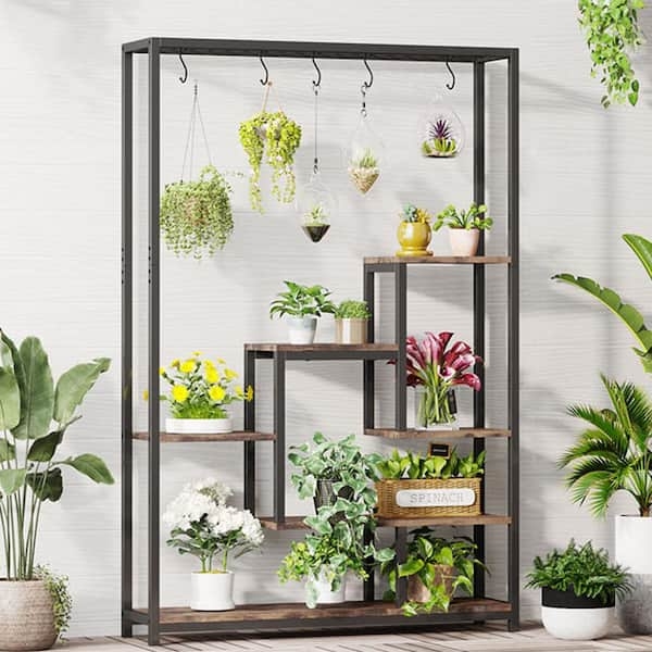 Plant Stand: Industrial Metal Rack with Top Hanging Rail & Hooks