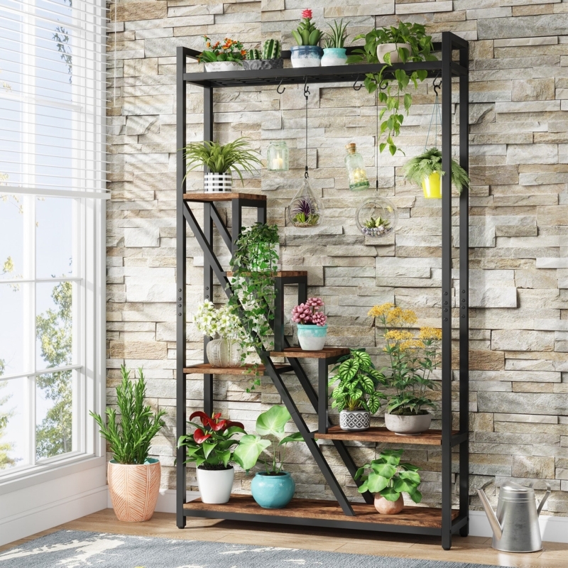 Plant Stand: Industrial Stepped Design with Hanging Rod & S-Hooks