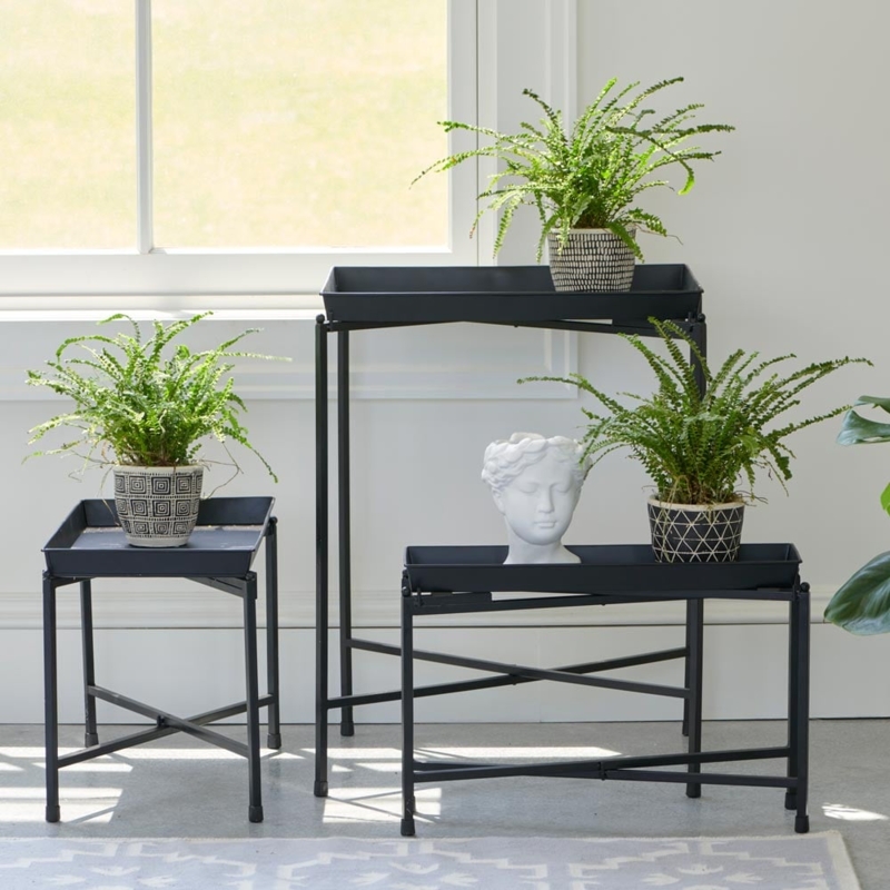 Plant Stand: Matte Black Metal Folding Frame with Tray Style Top