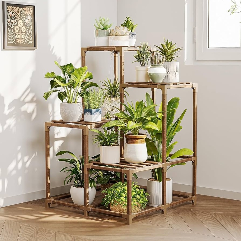 Plant Stand: Modular Wood Toned Corner Unit with Slatted Shelves