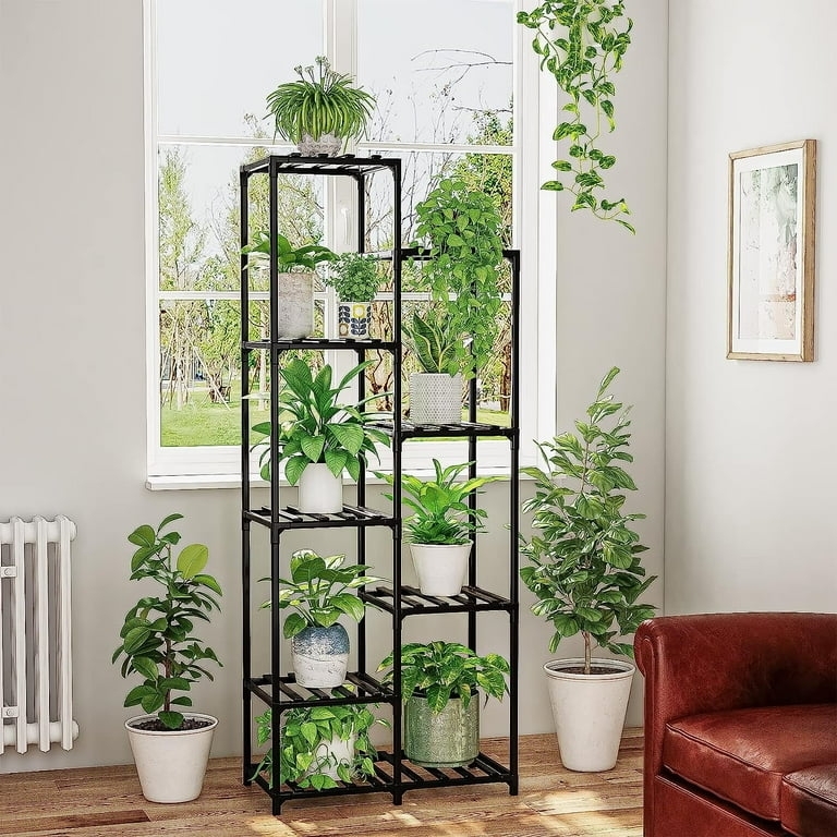 Plant Stand Nine Pot Capacity with Staggered Shelves Matte Black Finish