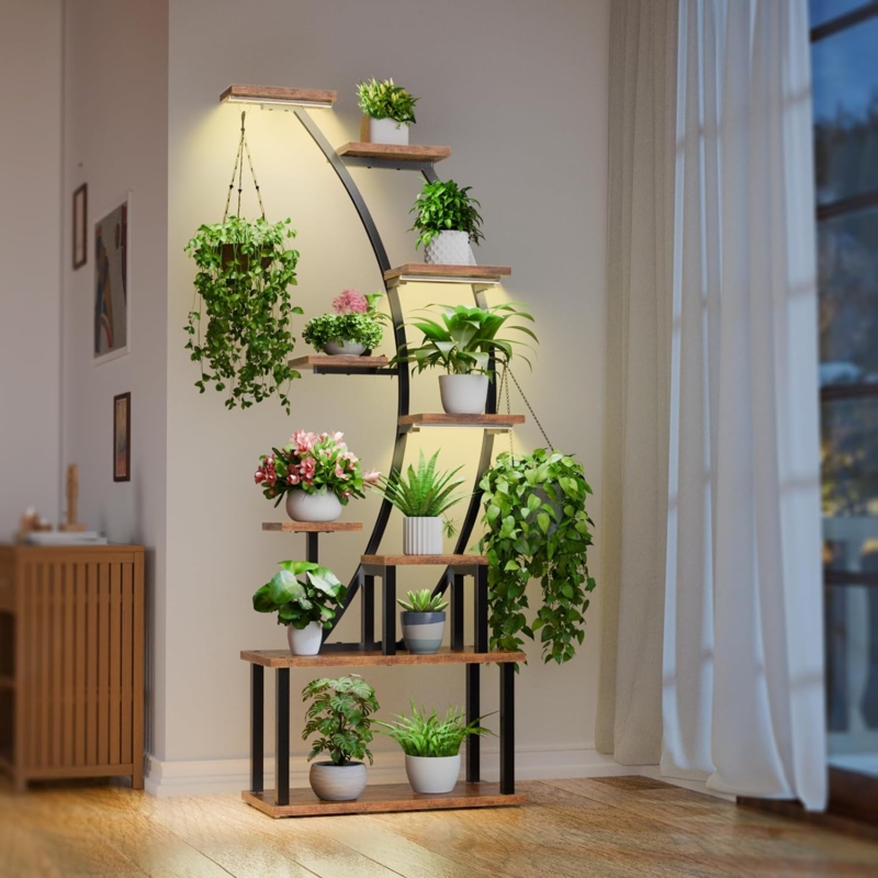 Plant Stand Nine Tier Shelving with Curved Metal Frame and Grow Lights
