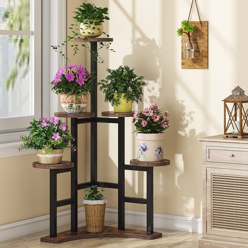 Plant Stand: Rustic Corner Design, 6 Tiered Staggered Platforms