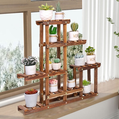 Plant Stand: Rustic Pine Wood Five Tiered Windowsill Organizer