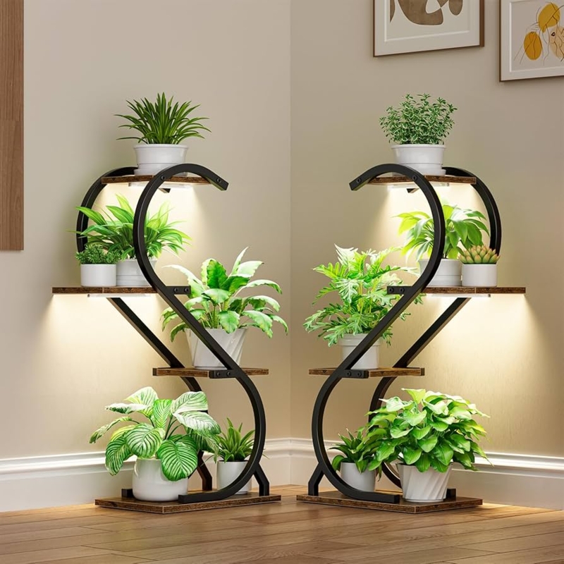 Plant Stand S-Shaped Frame with Integrated Grow Lights and Tiers