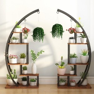 Plant Stand Set Half Moon Shape with Tiered Shelves and Hanging Hook