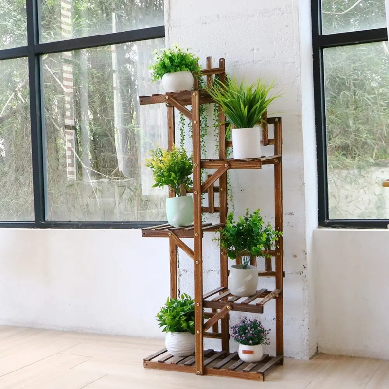 Plant Stand Slatted Base with Staggered Levels and Exposed Hardware