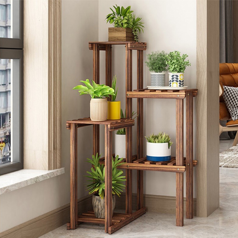 Plant Stand Slatted Design Staggered Wood Shelves for Corner Fit