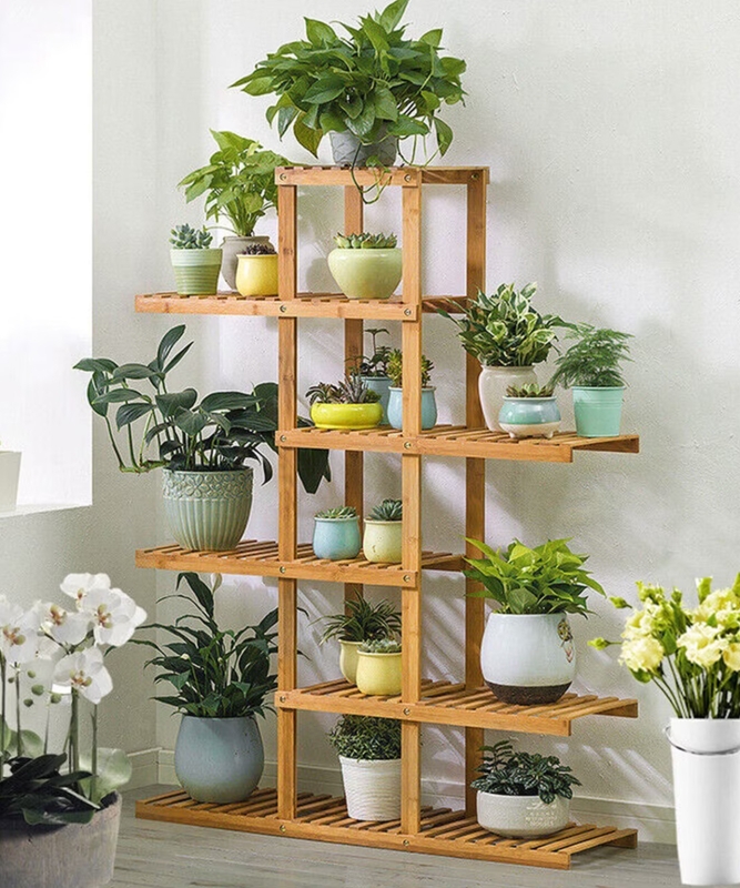 Plant Stand: Slatted Shelves Bamboo Display with Exposed Hardware