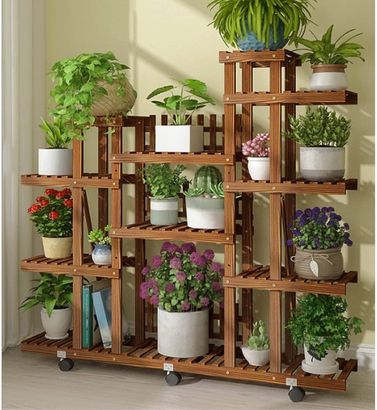 Plant Stand: Staggered Levels Wood Rack on Rolling Casters
