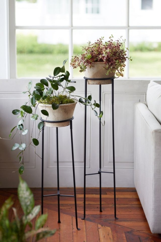 Plant Stand Tall Iron Frame with Tripod Base and Textured Stone Pots