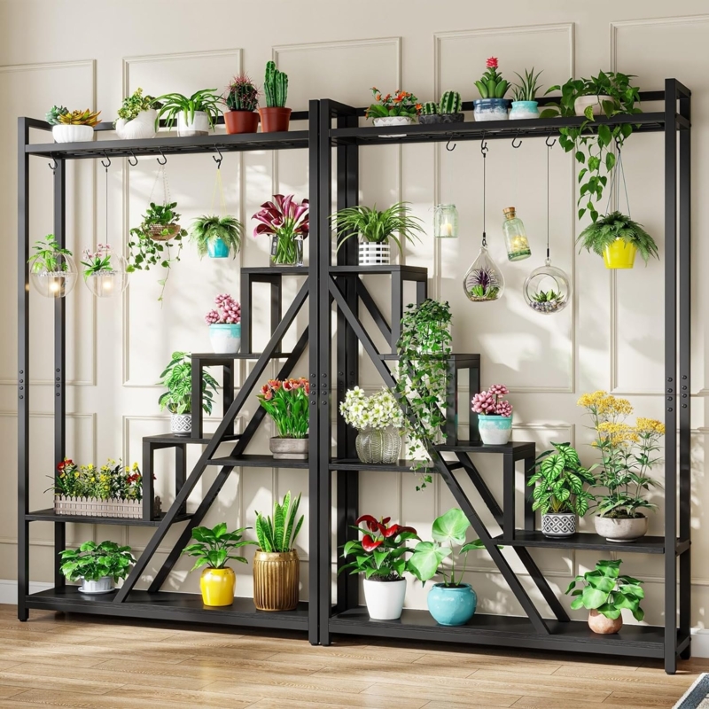 Plant Stand Tiered Asymmetry with Matte Black Metal and Hanging Hooks