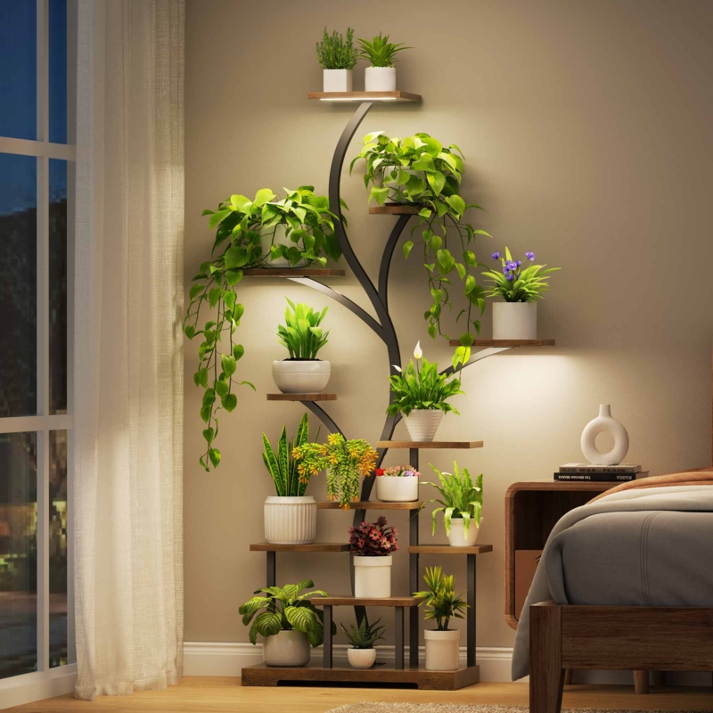 Plant Stand Tree Shape with Integrated Grow Lights and Curved Frame
