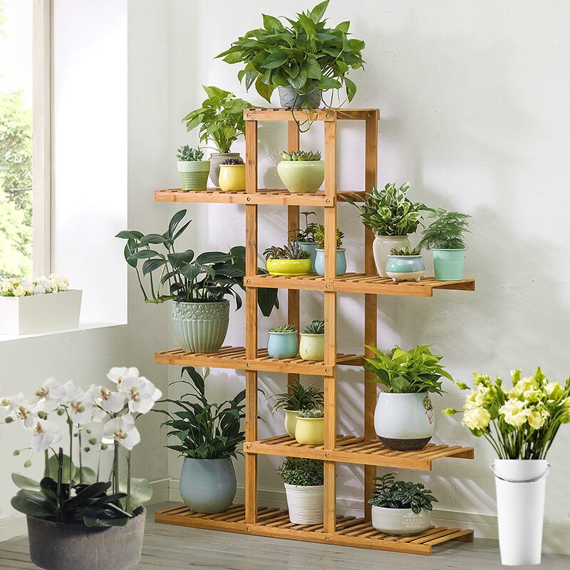 Plant Stand Vertical Design with Slatted Wood Staggered Levels