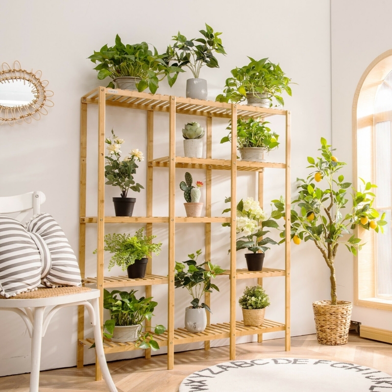 Plant Stand Vertical Posts with Slatted Bamboo Shelves and Open Frame