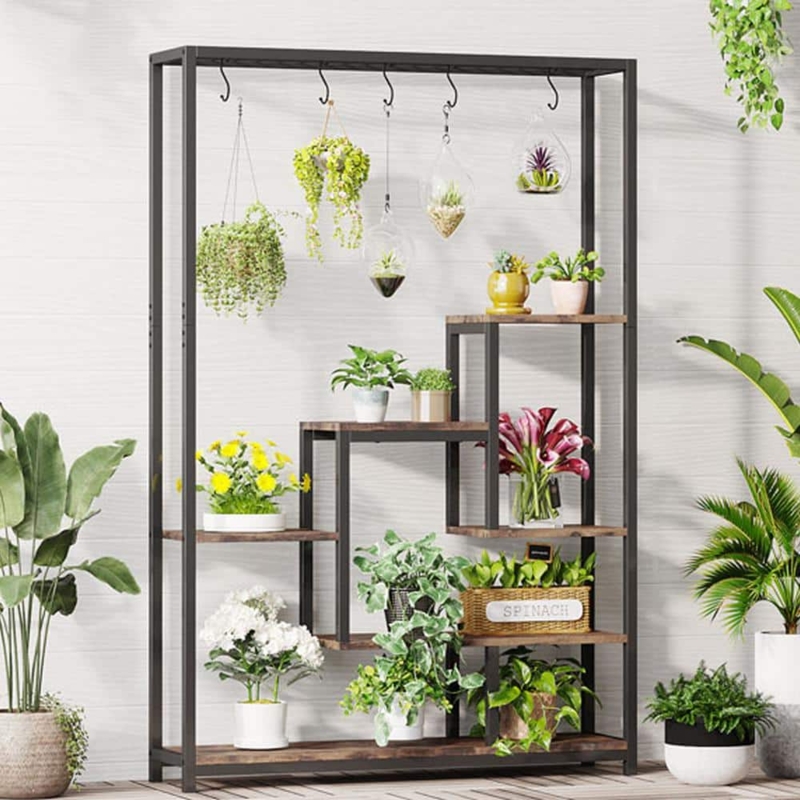 Plant Stand with Integrated Hanging Rail and Asymmetrical Tiers