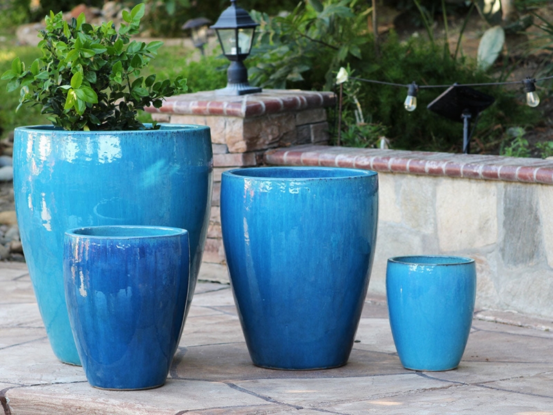 Planter Pot Set, Falling Aqua Glaze, Nested Scaling, High Gloss Finish