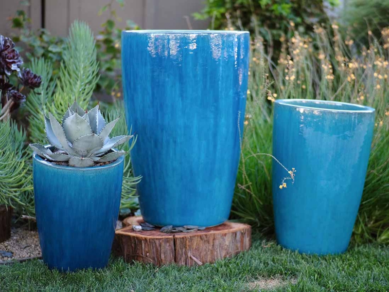 Planter Set Falling Aqua Glossy Tapered Cylinder Trio