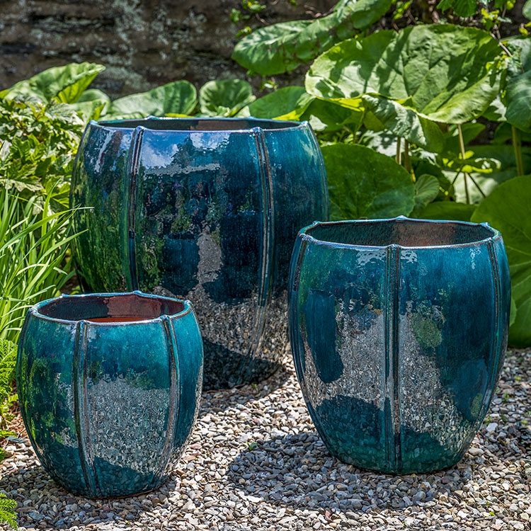 Planter Set Indigo Rain Glaze Vertical Ribbing Glossy