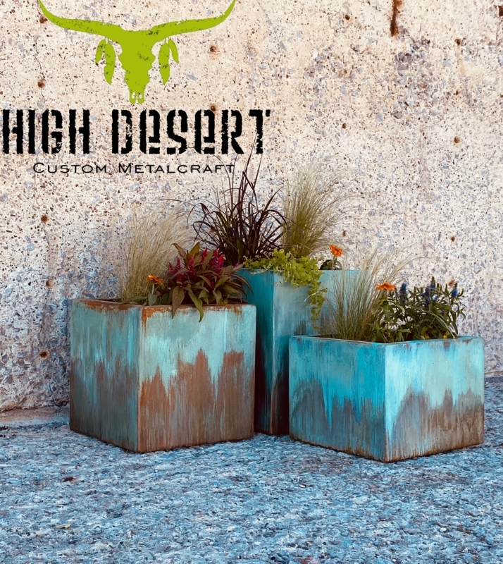 Planter Set Staggered Heights Turquoise Verdigris Finish