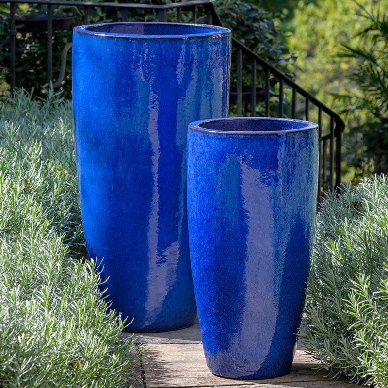 Planter Set, Tapered Cylinder, Glossy Cobalt Glaze, Mediterranean Style