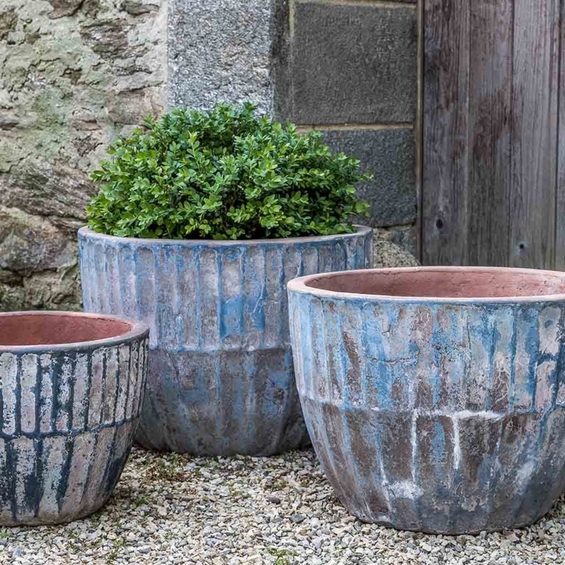 Planter Set, Weathered Blue Finish, Vertical Ribbing, Graduated Sizes