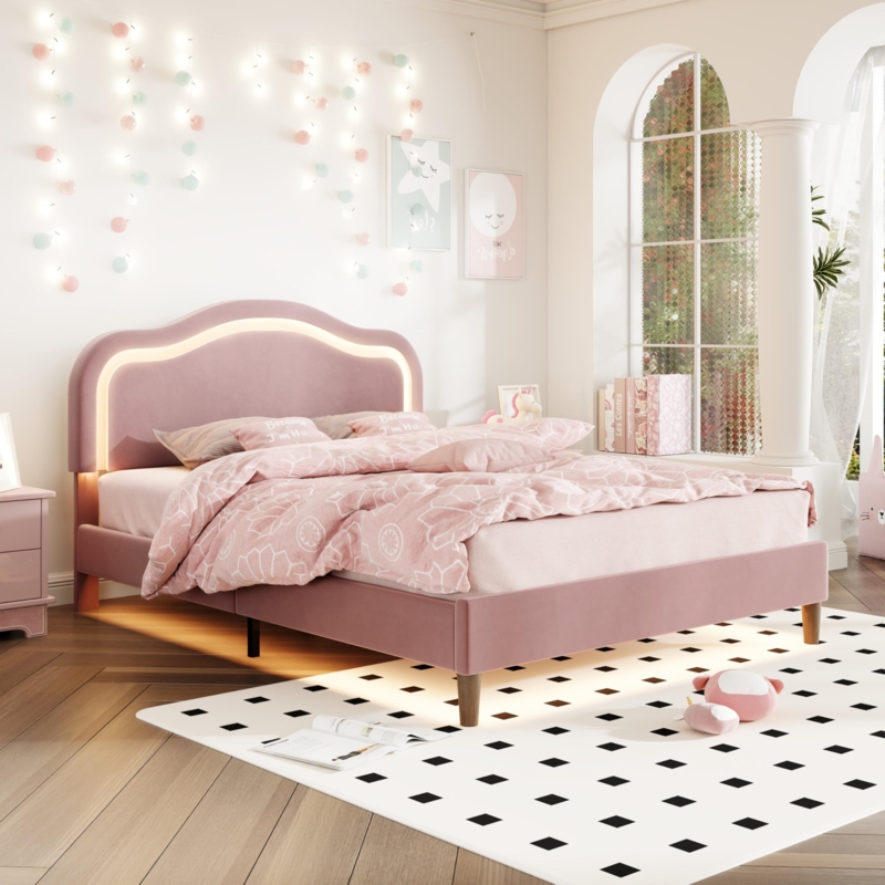 Platform Bed: Arched Dusty Rose Headboard with Integrated LED