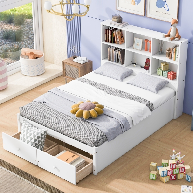 Platform Bed Arctic White with Integrated Charging Station