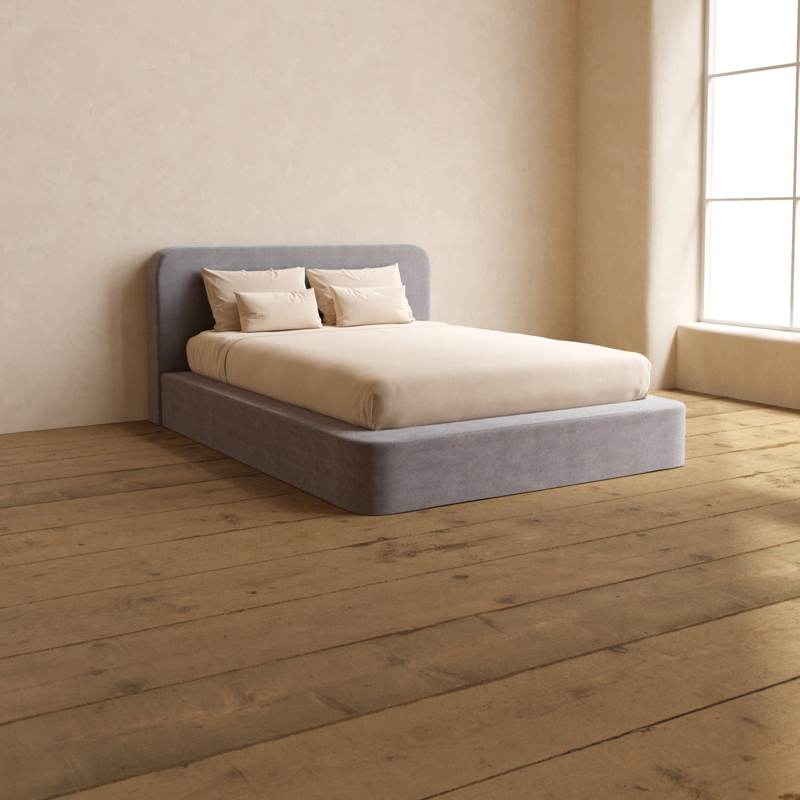 Platform Bed Ash Gray Plush Weave Curved Corners Japandi
