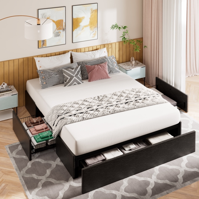 Platform Bed Black Faux Leather Three Storage Drawers Mesh Baskets