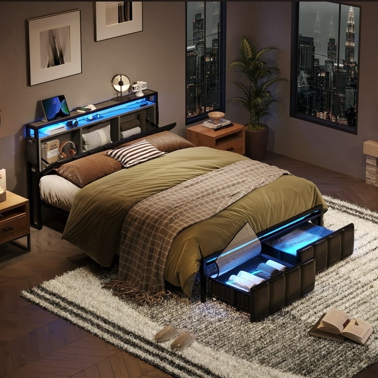 Platform Bed Black Metal LED Storage Headboard Charging Station