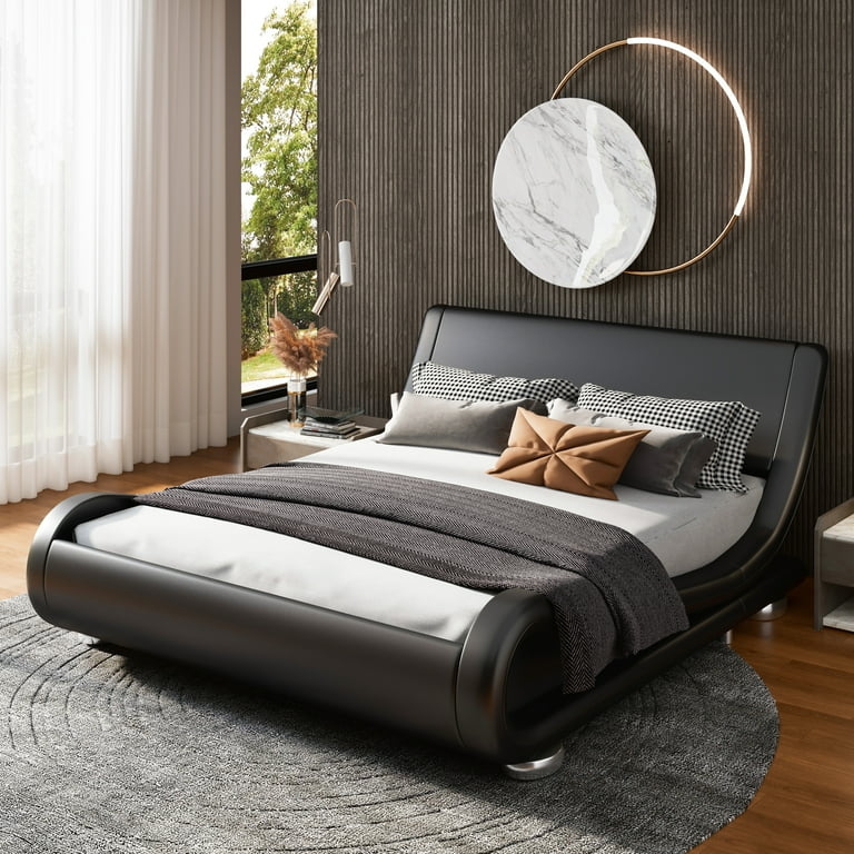 Platform Bed Black Wave Design Ergonomic Headboard Modern