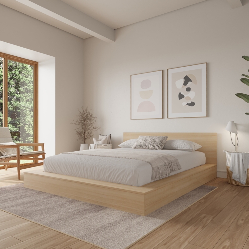 Platform Bed Blonde Oak Wide Platform Frame Recessed Base