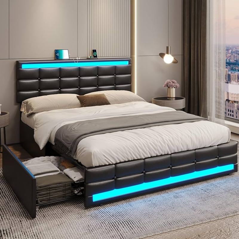 Platform Bed Blue LED Lighting Tufted Square Headboard Charging Station