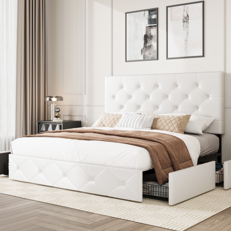 Platform Bed Bright White Diamond Tufting Four Wire Basket Drawers