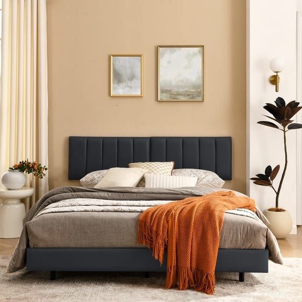 Platform Bed Charcoal Gray Vertical Channel Tufting Floating Design