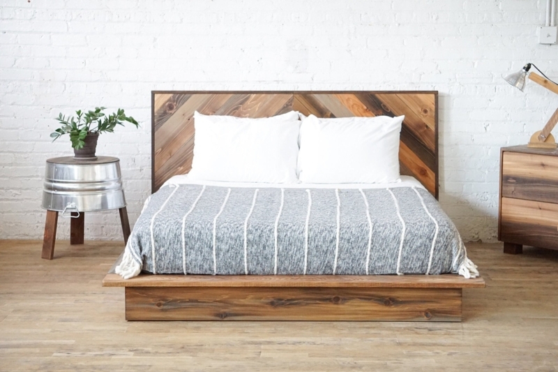 Platform Bed Chevron Headboard Rustic Modern Wood Low Profile Base